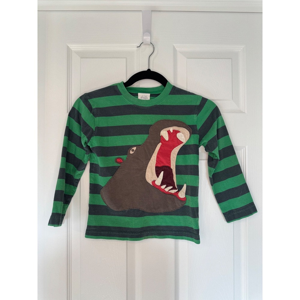 Mini Boden Kids Hippo Applique Striped Long Sleeve Shirt Green Navy 5-6Y